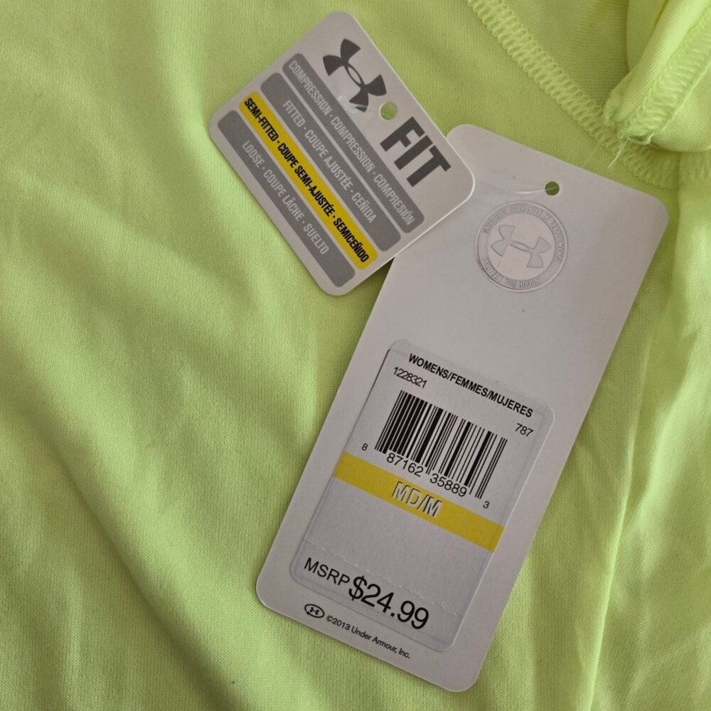 NWT Under Armour Womens Medium HeatGear V-Neck Semi-Fitted Shirt Neon Yellow - Picture 9 of 10